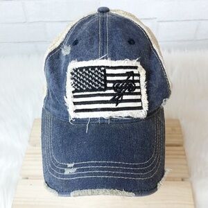 USA American Flag Baseball Cap Blue Denim Cream Mesh‎